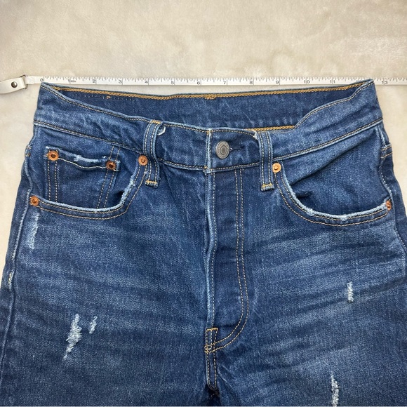 Levi's 501 Original Fit High Waist Distressed Raw Hem Dark Denim Jeans Size 25 - Picture 9 of 16